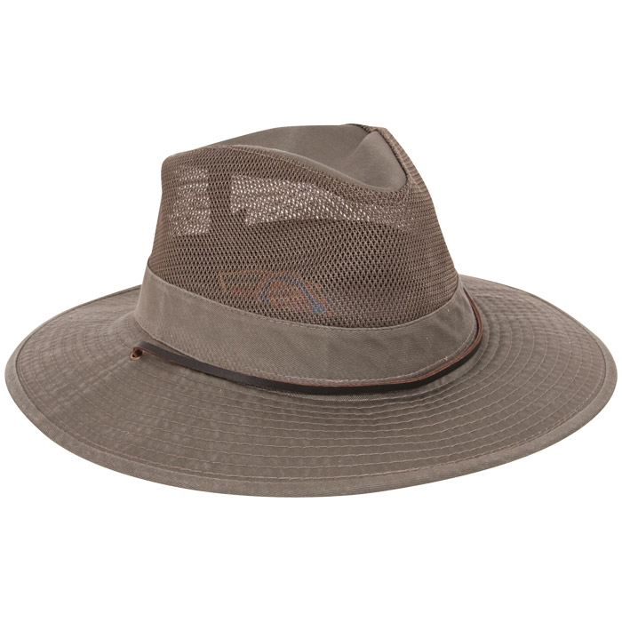 Dorfman Pacific Cappello Safari Uomo In Twill E Mesh - Fodero In Vera Pelle, Beige, Taglia S, Kaki