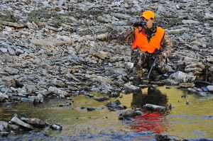 Man Using Binoculars and Scouting for Ducks